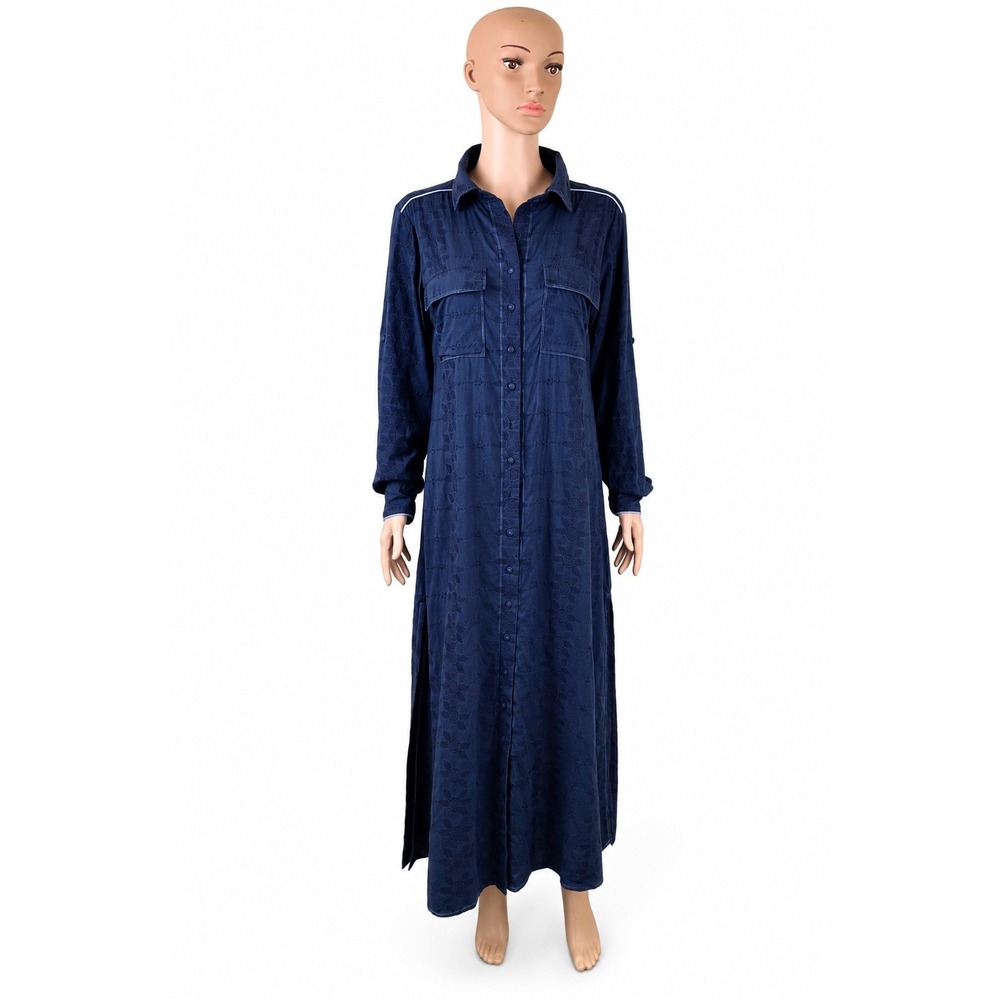 OMIKA Navy Embroidered Cotton Maxi Shirt Dress Button Front Boho Estimated M